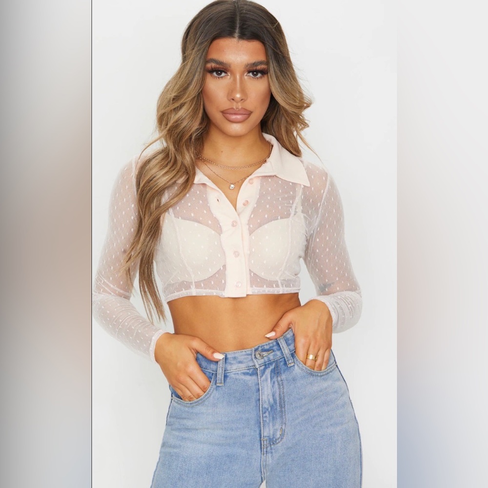 PRETTYLITTLETHING Pink Sheer Crop stop
